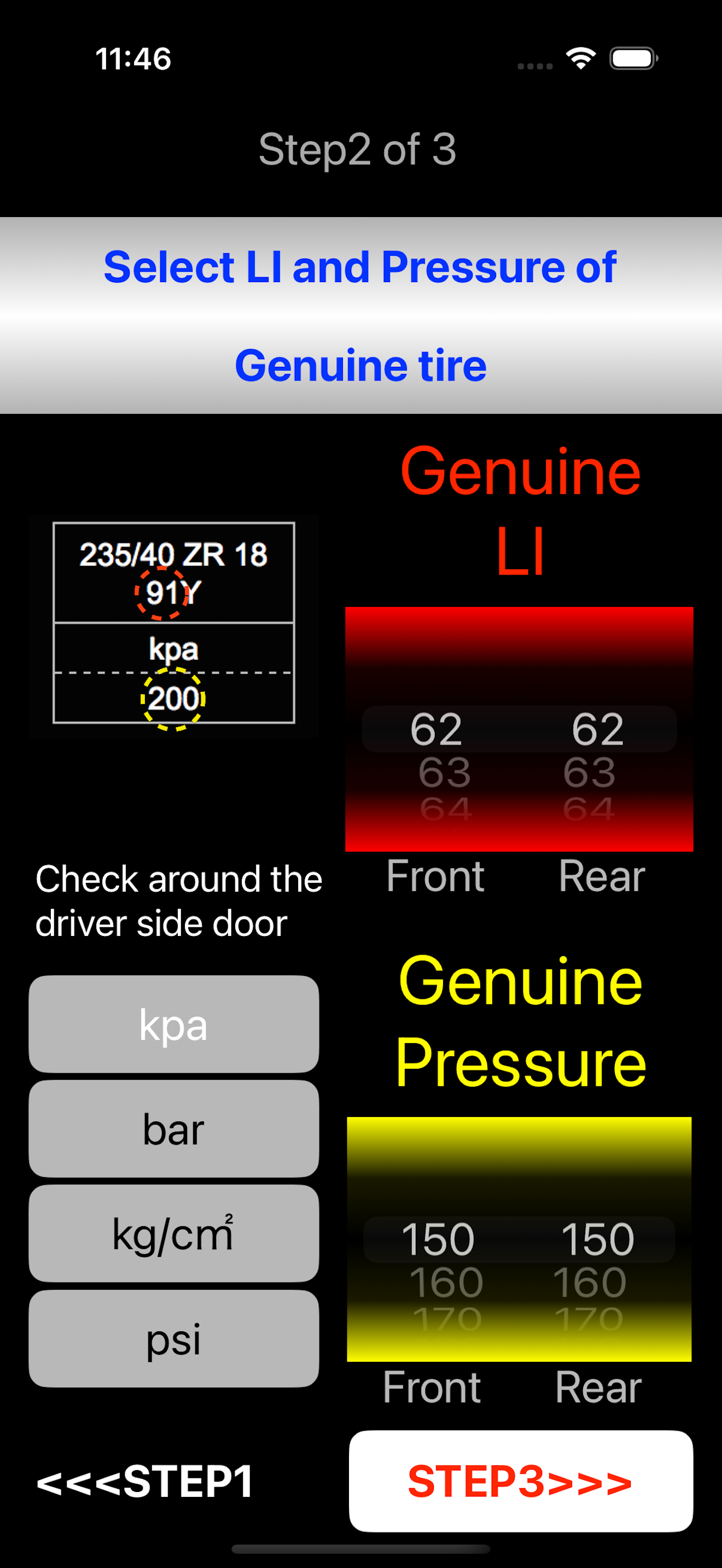 Select LI and Pressure of Genuine tire.